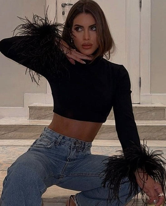 Faux Feather Sleeve Turtleneck Crop Top